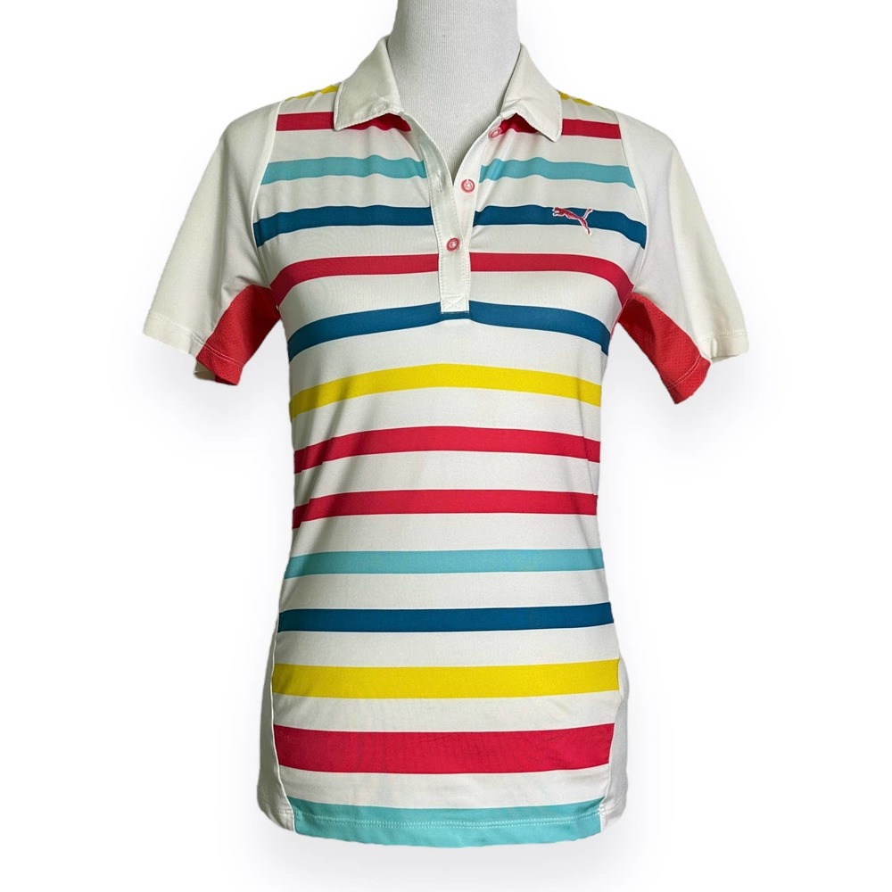 Puma Polo Shirt Women XS Ivory Colorful Stripe Active Golf Tennis Pullover Top